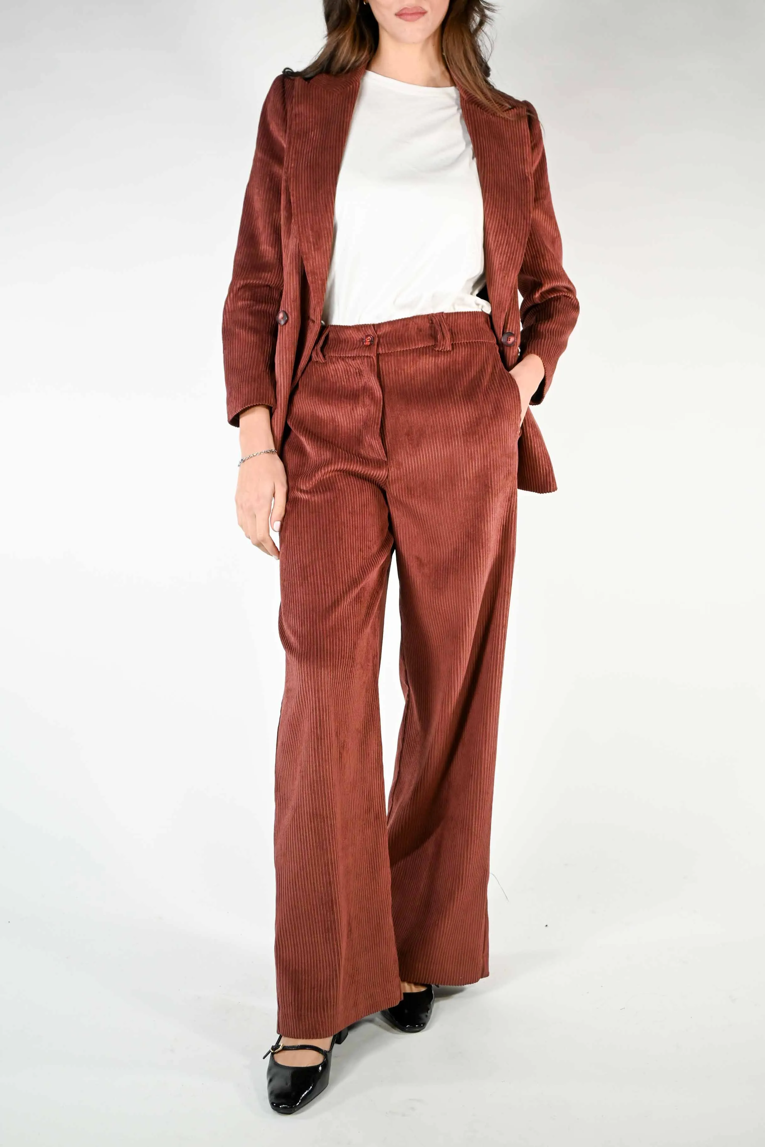 PANTALONE PALAZZO EASY IN VELLUTO A COSTE BORDEAUX