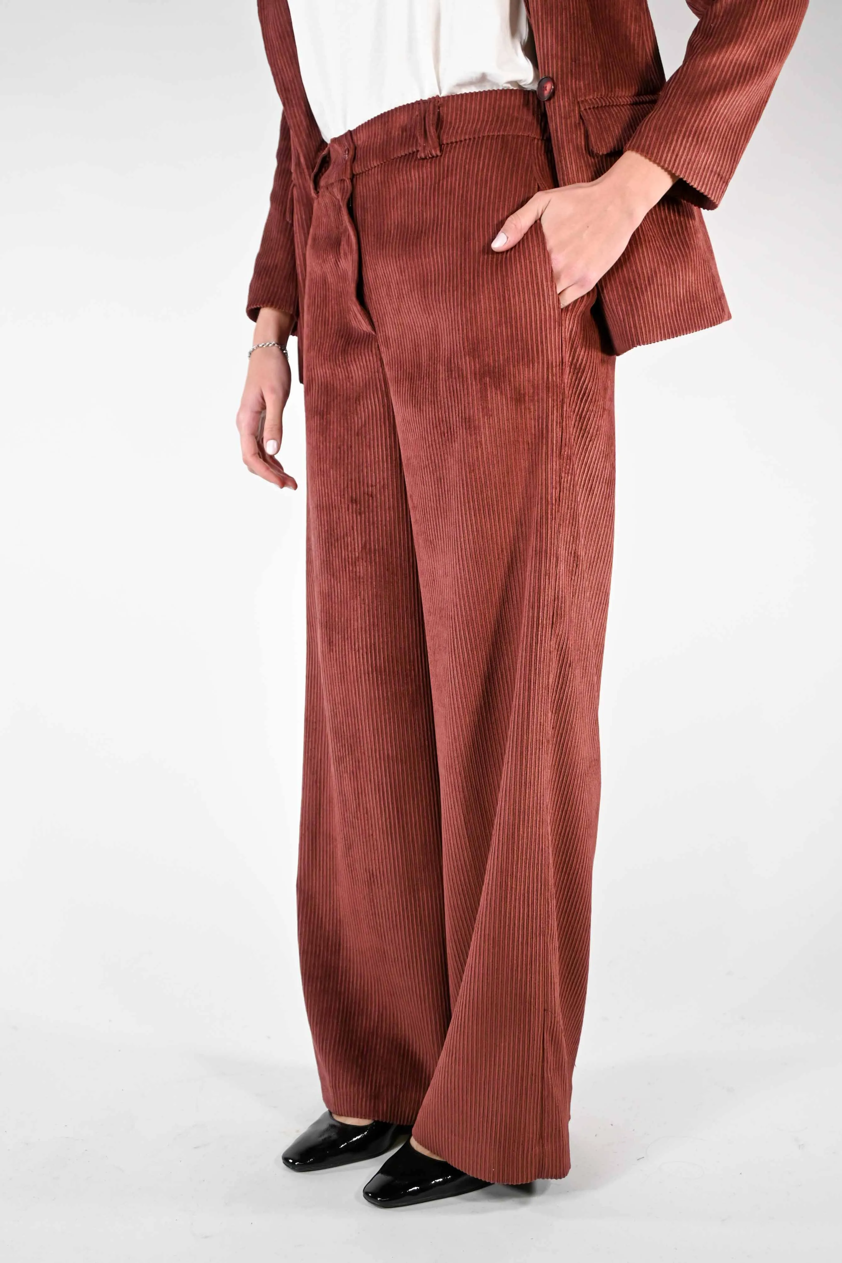 PANTALONE PALAZZO EASY IN VELLUTO A COSTE BORDEAUX