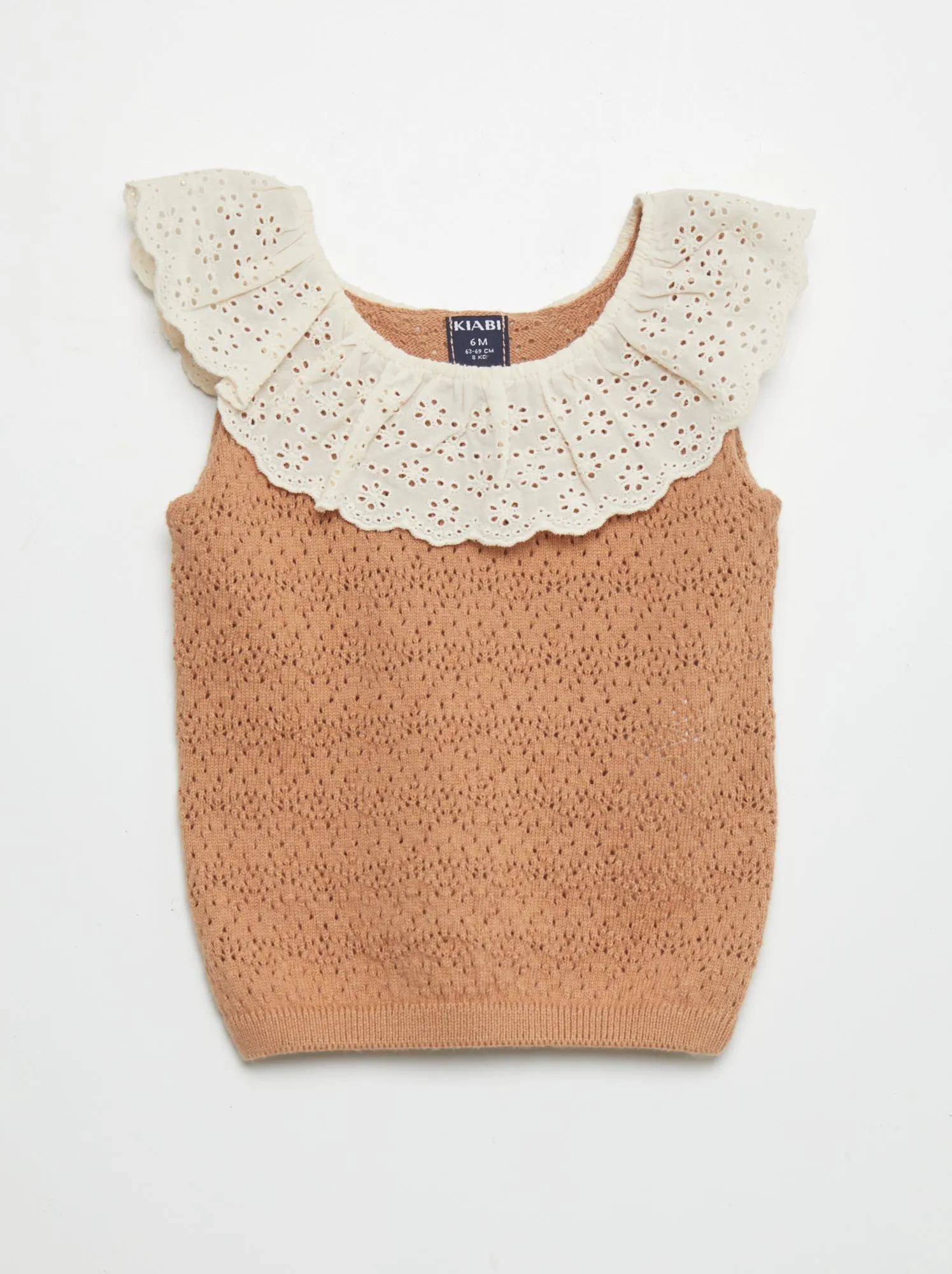Pullover senza maniche ricamato a punto inglese - MARRONE