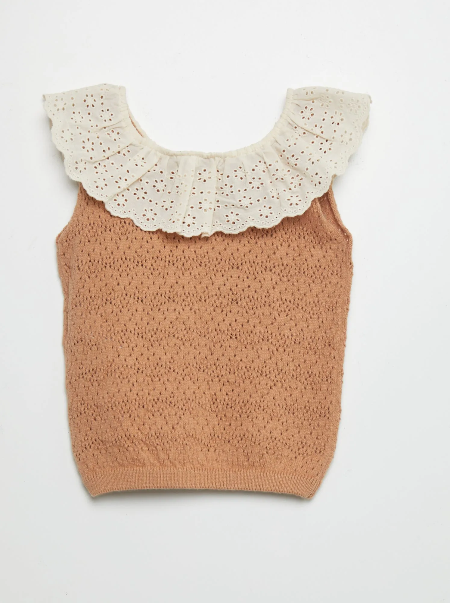 Pullover senza maniche ricamato a punto inglese - MARRONE
