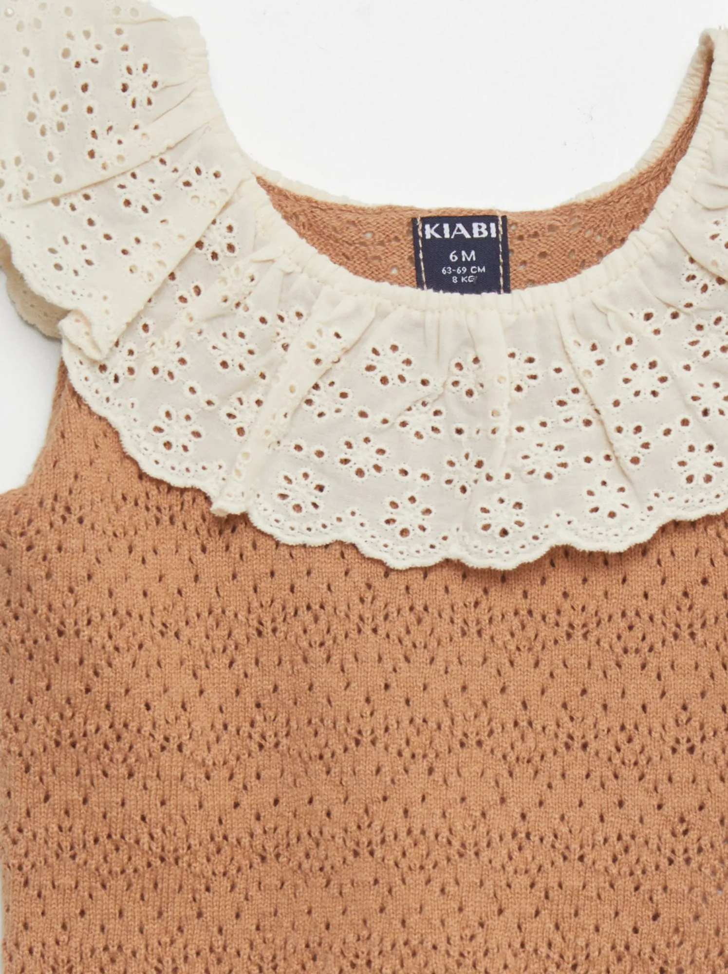 Pullover senza maniche ricamato a punto inglese - MARRONE
