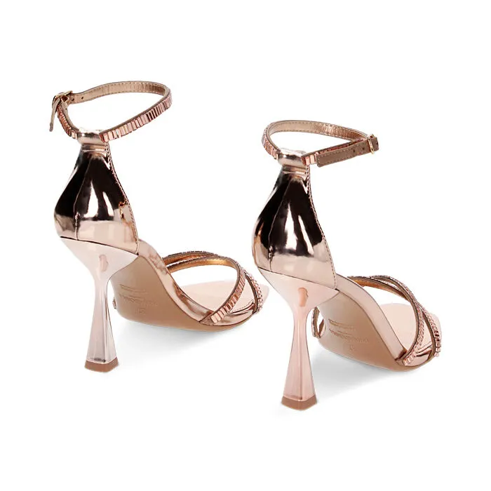 Sandali rosa-oro a specchio con pietre, tacco 9,5 cm