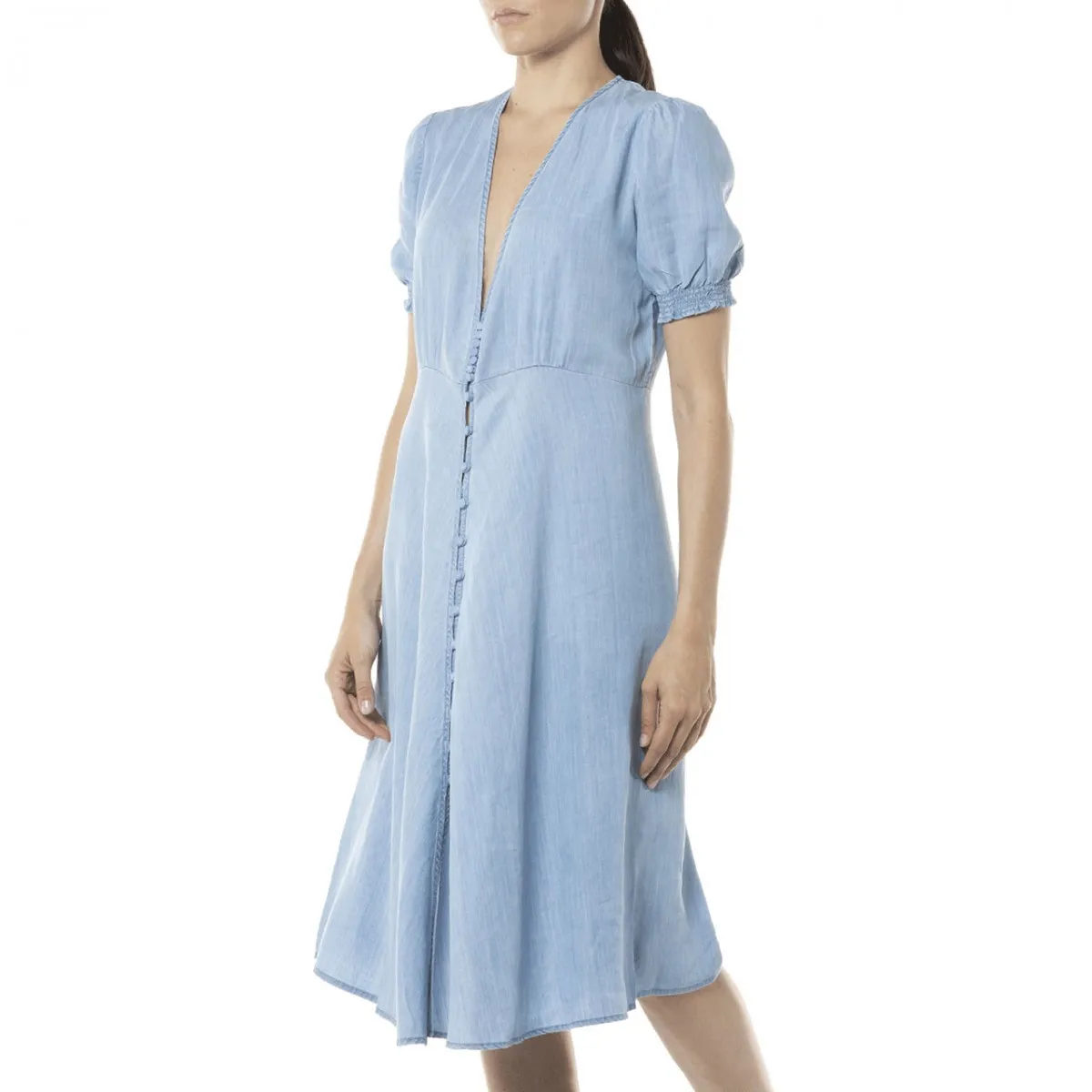 Vestito Midi In Denim Con Scollo A V, Blu