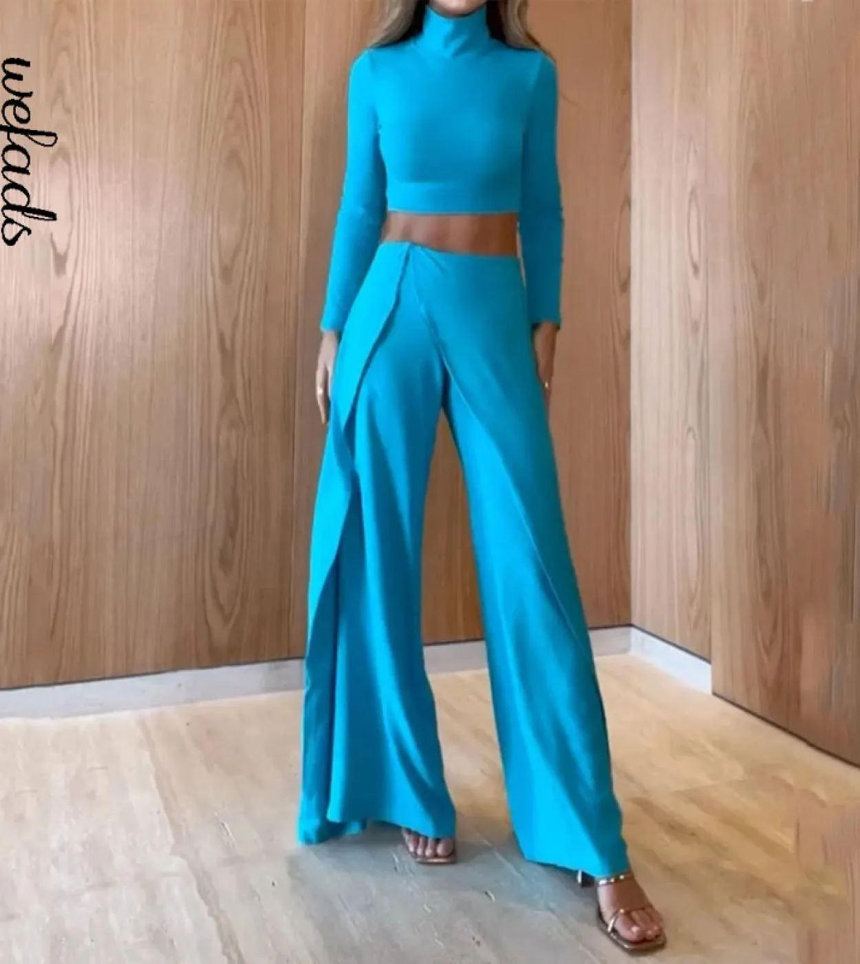 Wefads Donna Set due pezzi Autunno Casual manica lunga Dolcevita Solido Vita alta Slim Top Gambe larghe Pantaloni Set Str