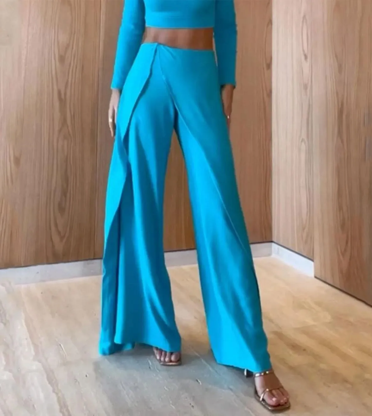 Wefads Donna Set due pezzi Autunno Casual manica lunga Dolcevita Solido Vita alta Slim Top Gambe larghe Pantaloni Set Str