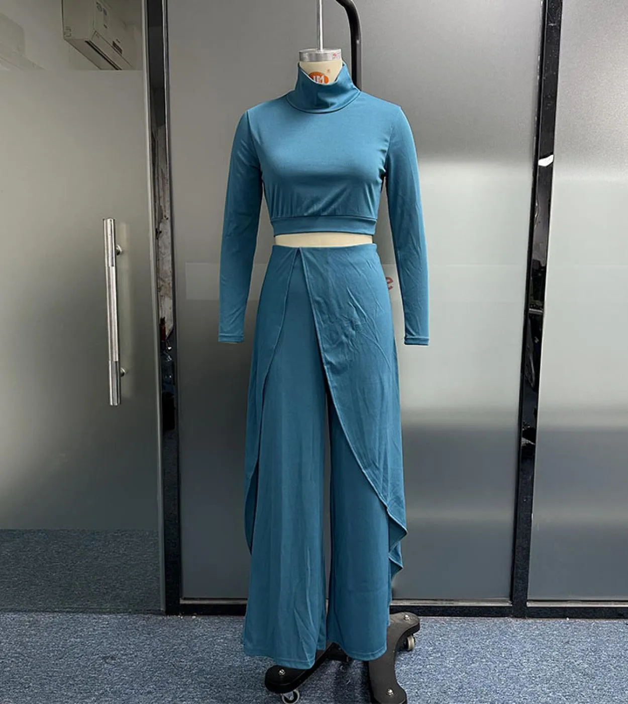 Wefads Donna Set due pezzi Autunno Casual manica lunga Dolcevita Solido Vita alta Slim Top Gambe larghe Pantaloni Set Str