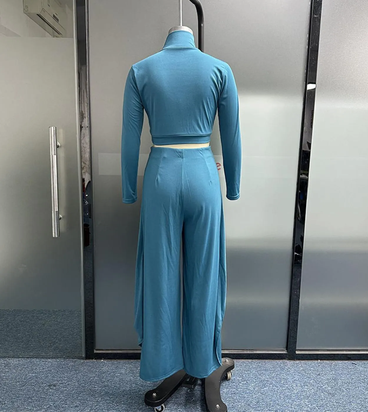 Wefads Donna Set due pezzi Autunno Casual manica lunga Dolcevita Solido Vita alta Slim Top Gambe larghe Pantaloni Set Str